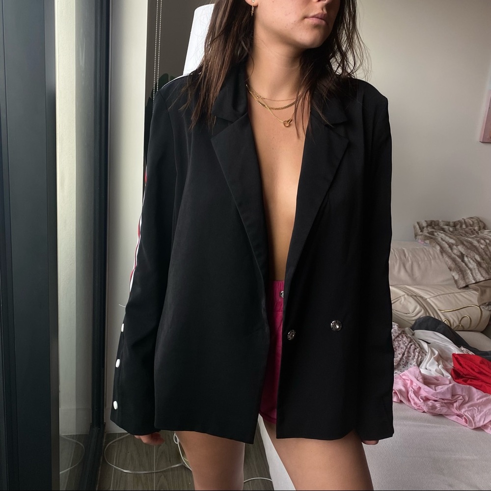 Black blazer with red and white stripe